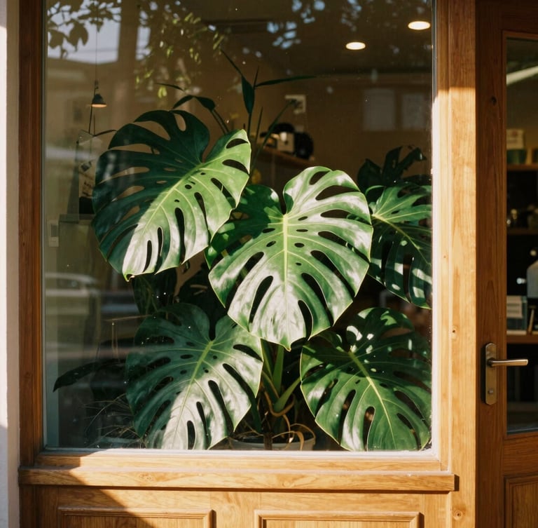 Sunlit monstera deliciosa and rare tropical plants inside a warm wooden storefront, golden-hour window light casting soft shadows, 35mm film