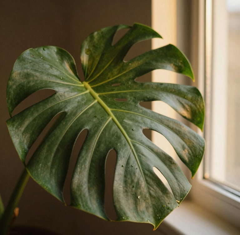 Close-up macro shot of healthy green monstera leaf textures, sunlit with warm golden-hour window light, soft focus, rich organic details