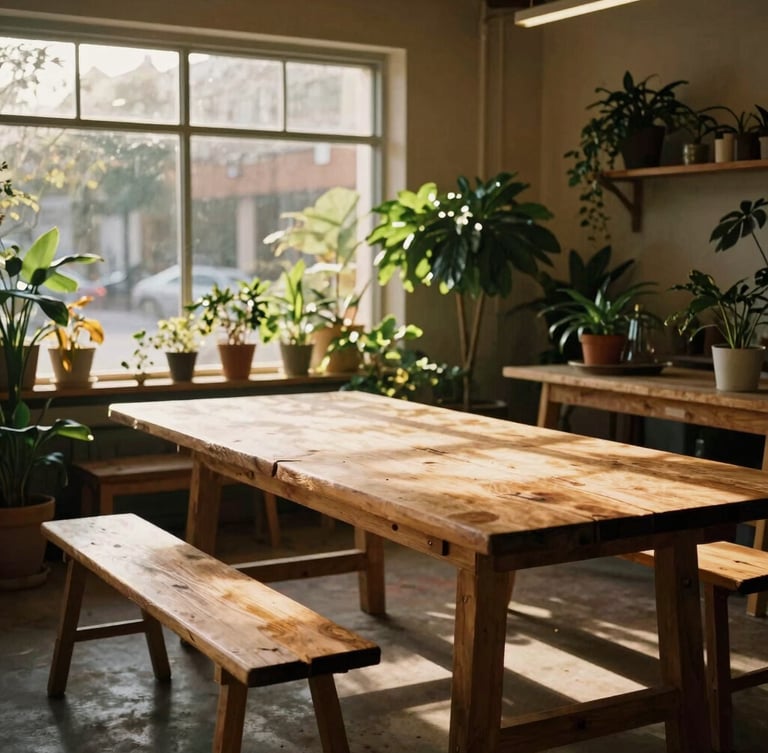 Wide environmental shot of a long wooden workshop table surrounded by green plants, sunlit Langley storefront interior.