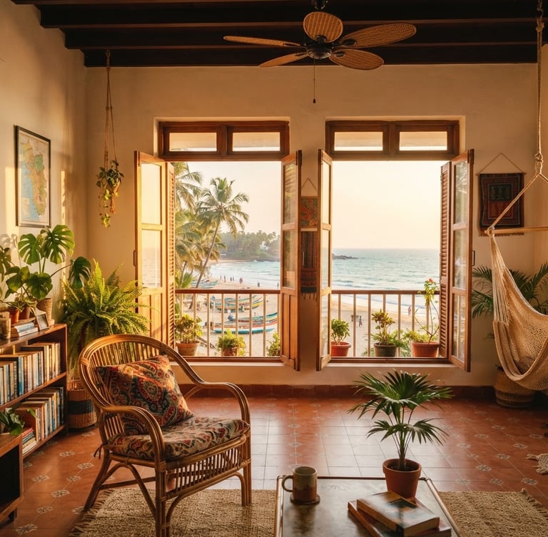 Wide environmental shot of a sun-lit Goan apartment interior, open windows showing the beach, warm golden hour sunlight, warm editorial photography, vibrant tropical colors, rich saturated tones, 35mm film aesthetic.
