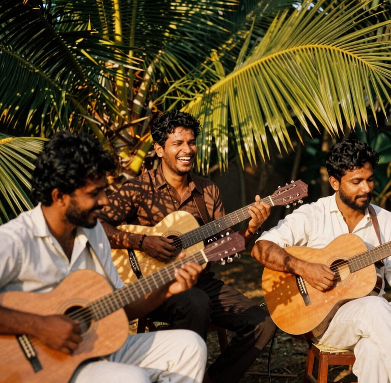 A candid medium shot of local Goan musicians playing acoustic guitars and laughing under dappled palm leaf shadows, warm golden-hour sunlight, 35mm film aesthetic.