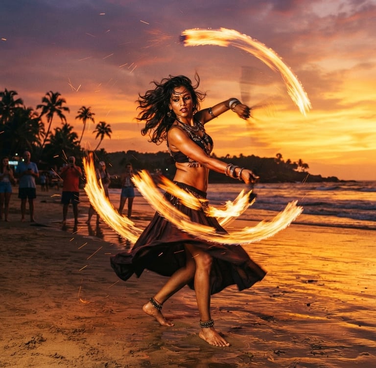 A dramatic portrait of a Goan fire dancer spinning fire poi on a sandy beach at sunset, warm golden hour sunlight, vibrant tropical colors, rich saturated tones, 35mm film aesthetic.