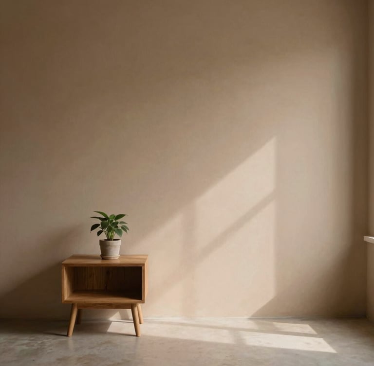 Sunlit corner of a minimalist living room, a single wooden side table with a small potted plant, soft shadows, warm earth tones, generous negative space.