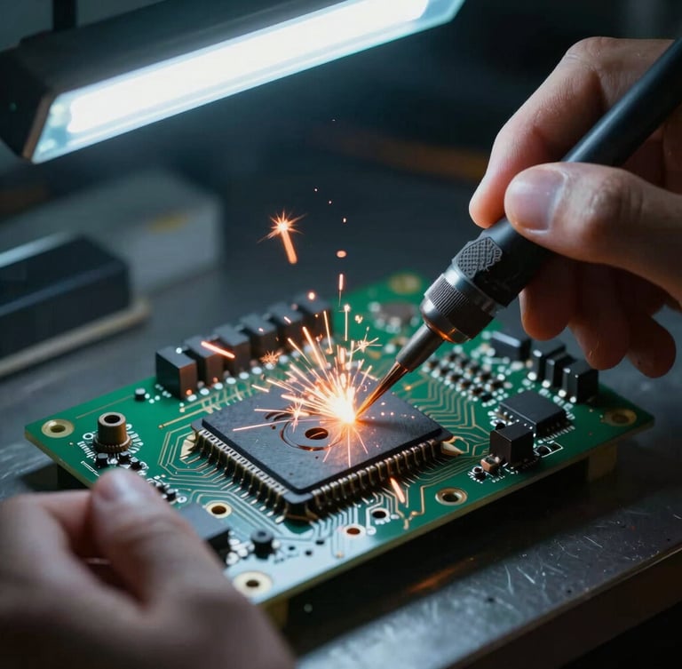Macro close-up of hands soldering a multi-layer circuit board, bright orange sparks, cool blue fluorescent overhead lighting, dramatic shadows, 35mm