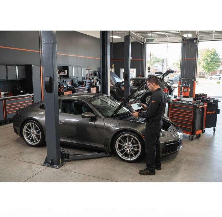 Professional automotive photography, bright clean workshop lighting, industrial charcoal and orange accents, sharp focus, 35mm lens. A wide shot of a modern car diagnostic bay with a mechanic operating a multi-brand diagnostic scanner on a vehicle, tools neatly arranged, natural daylight from bay doors.
