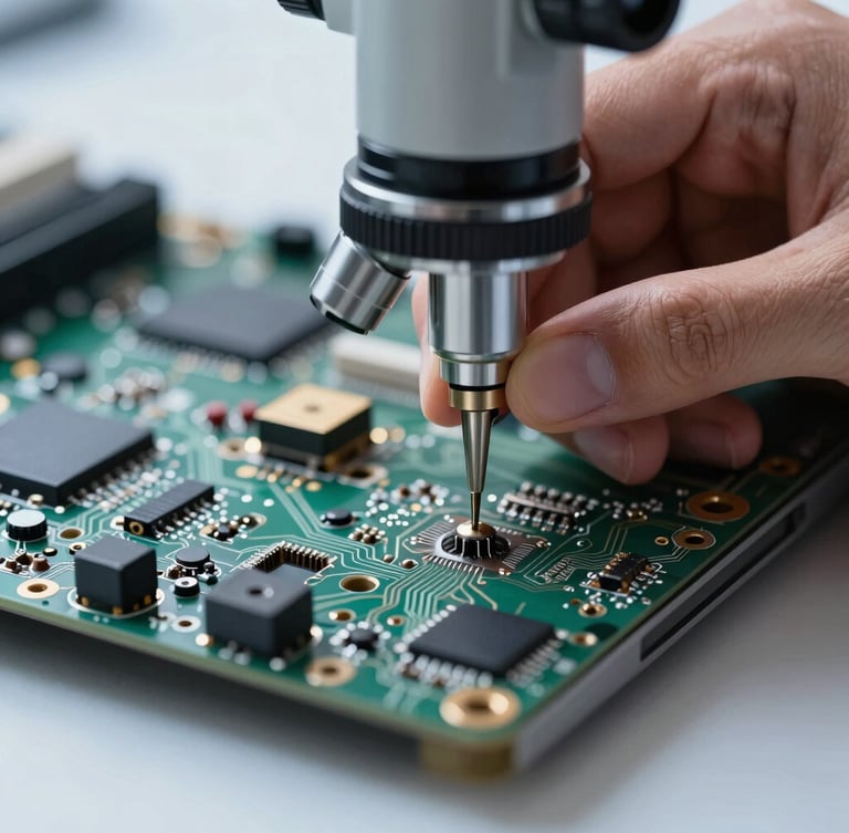 Extreme macro shot of a technician performing micro-soldering on a laptop motherboard under a microscope, crisp cool lighting, metallic textures and green circuit paths visible.