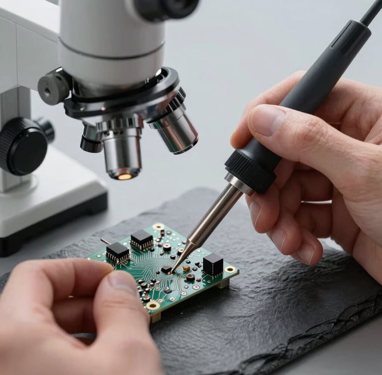 Hands holding a fine soldering iron under a microscope, working on a detailed circuit board, crisp cool studio lighting, slate gray tones.