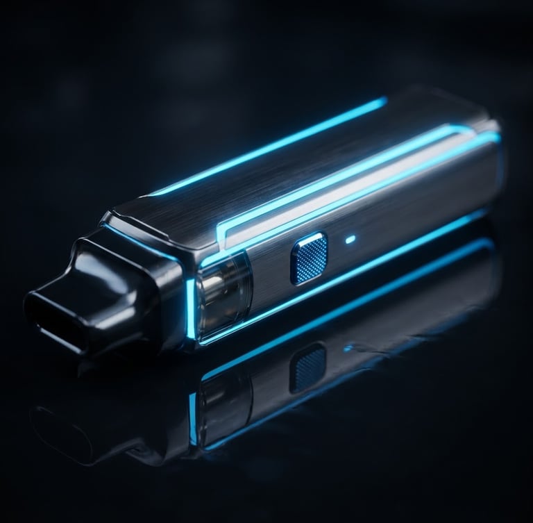 Macro close-up of a sleek metallic vape device with electric blue neon edge-lights on a dark reflective surface, studio lighting