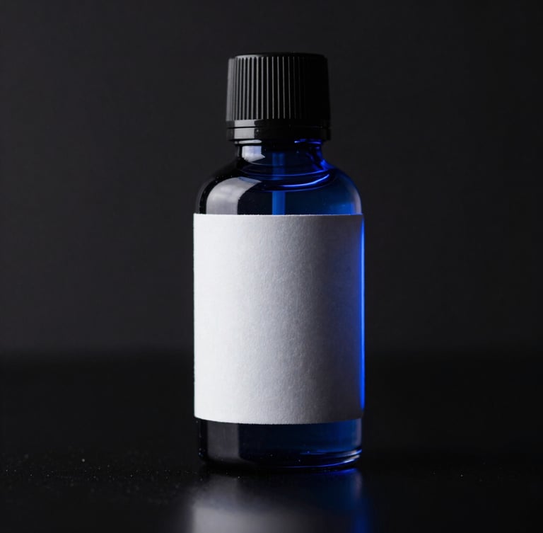 Elegant dark glass e-liquid bottle with a minimalist label, highlighted by electric blue neon edge-lights, dark background