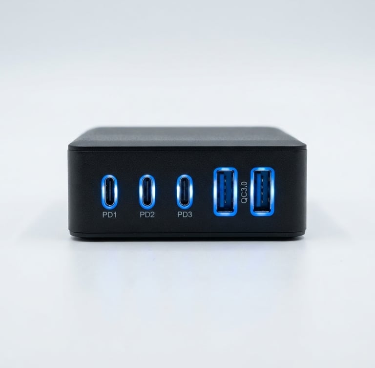 Straight-on eye-level shot of a matte black multi-port charger on a clean white surface, cool blue accent lighting highlighting the ports, crisp studio photography.