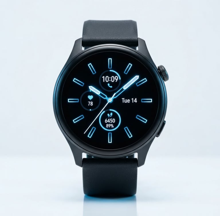 Straight-on eye-level product shot of a sleek black smart watch isolated on a clean white surface with cool blue accent lighting, crisp studio product photography, sharp details, macro lens