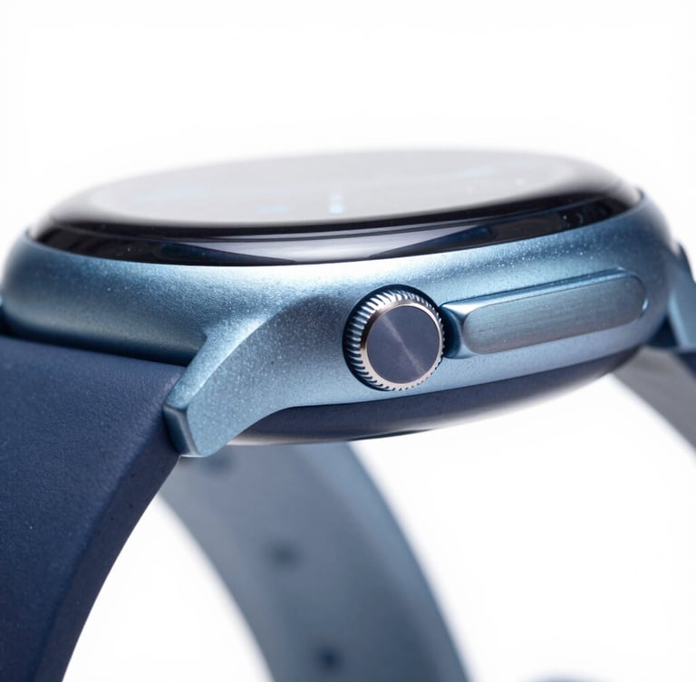 Macro close-up of a premium titanium smart watch bezel, clean white background, cool blue studio lighting, sharp details on the brushed metal texture.