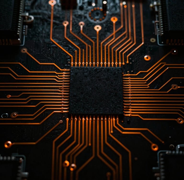 Extreme close-up of a high-tech circuit board, dark moody low-key lighting, sharp orange neon light paths running through copper traces, high contrast, macro photography
