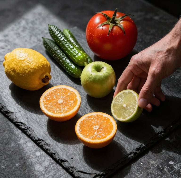 Dynamic overhead shot of fresh whole foods being prepared on a dark slate counter, dramatic side-lighting, high-contrast athletic aesthetic