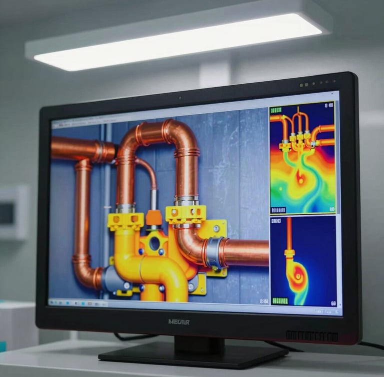 Straight-on architectural angle of high-end thermal imaging diagnostic screen displaying crisp heat maps of copper piping, clean clinical white utility light, macro details of flawless pipeline installation.