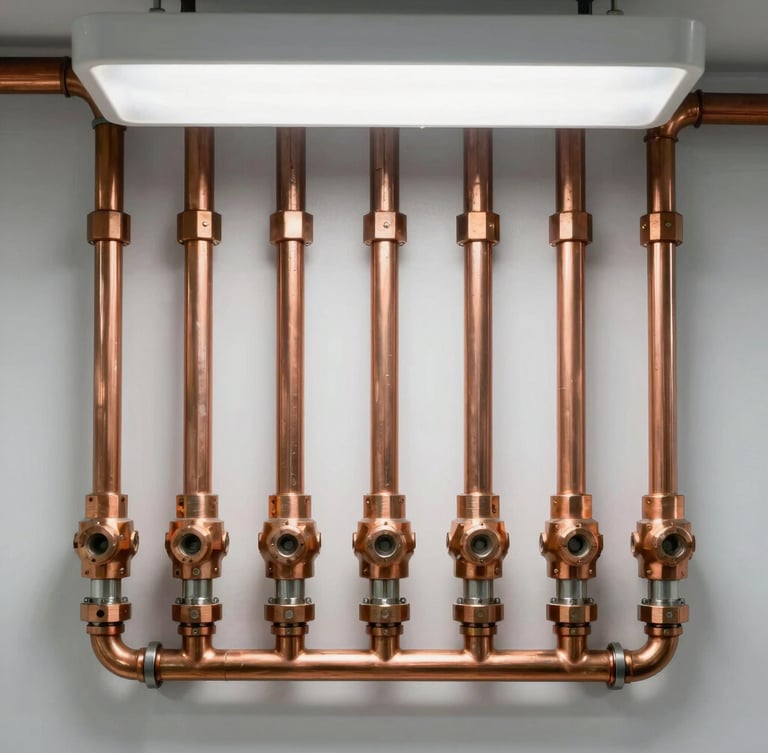 Straight-on architectural shot of immaculate copper piping layout on a clean clinical white wall, sharp white utility light, precision copper-orange fittings.