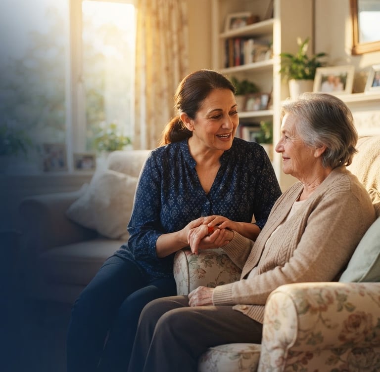 Warm, authentic photo of a caregiver gently assisting an older adult in a sun-drenched home, soft golden-hour window light, focus on interaction, serene home environment, subject to the right, with a subtle dark navy to transparent gradient overlay from left to right.