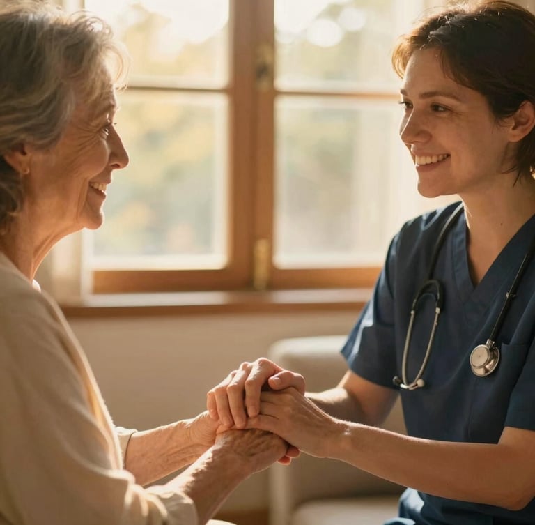 Warm, authentic photo of a caregiver with an older adult, both smiling gently, in a sun-drenched home environment, natural golden-hour window light, shallow depth of field. Focus on their interaction, hands holding.