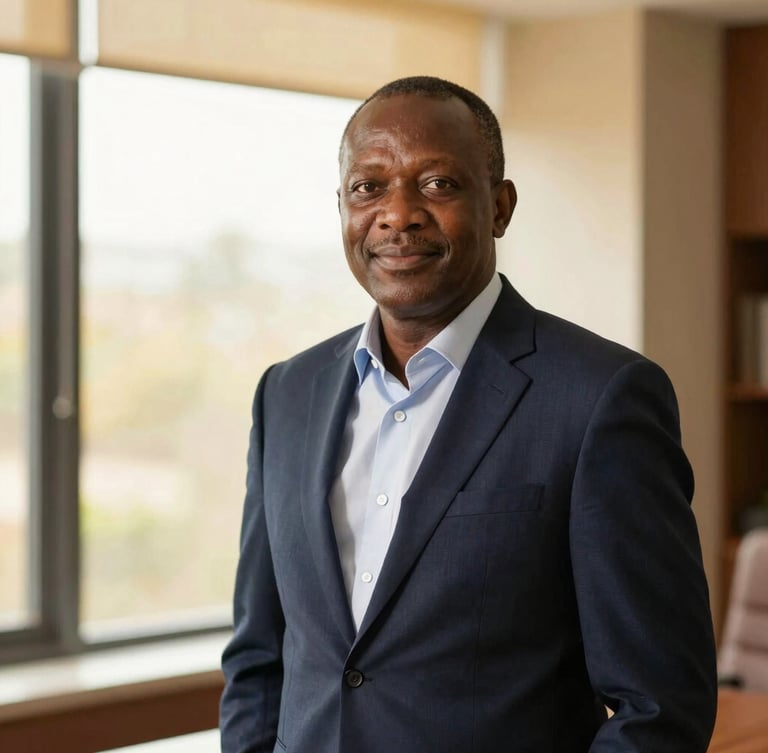 Professional portrait of Thomas Lutuvakula, CEO, in a warm, sophisticated office setting, soft window light, conveying authority and compassion, slightly to the left of frame.