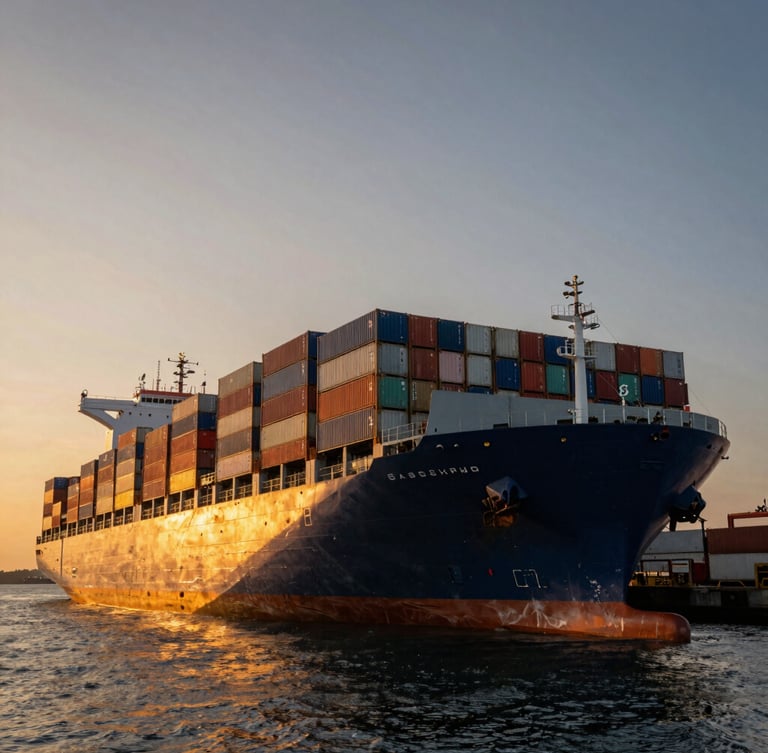 Low-angle dramatic shot of a massive container ship loaded with colorful cargo containers at a deep-water port during golden hour.