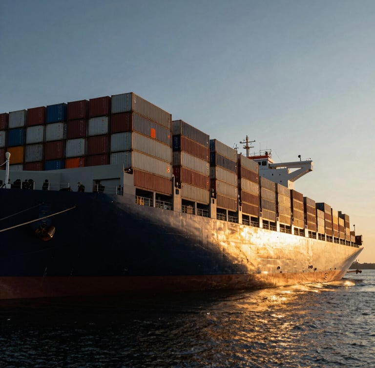 Low-angle dramatic industrial photography of a massive container ship docked at a deep-water port during golden hour, metallic cargo containers stacked high, safety orange details reflecting on the dark water.