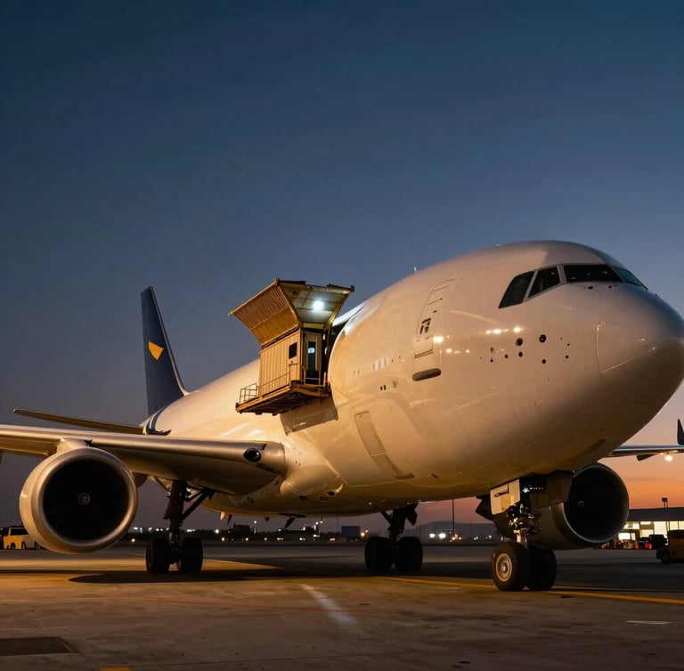 Low-angle heroic perspective of a modern cargo aircraft being loaded with freight containers at dusk, dramatic floodlights casting high-contrast shadows, metallic textures, cinematic scale.
