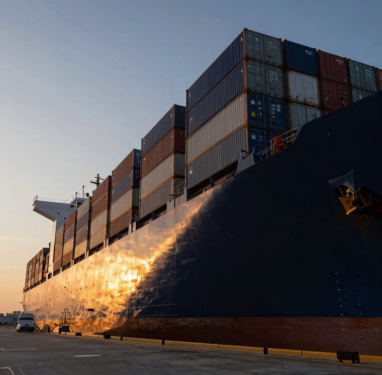 Dramatic low-angle shot of a massive container ship docked at a modern port during golden hour, metallic textures of containers highlighted by warm light.