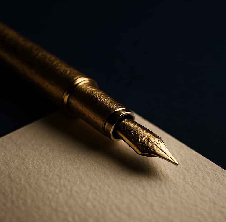 Macro close-up of a handcrafted gold fountain pen resting on heavy, textured cream paper, low-key dramatic lighting, deep navy background, elegant editorial style