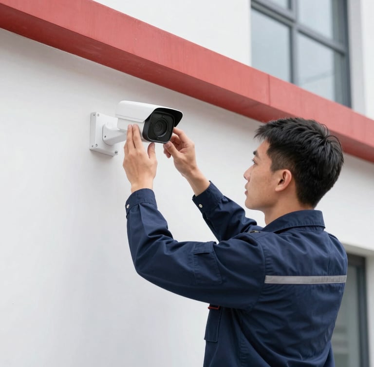 Professional technician in a clean uniform adjusting a discreet outdoor surveillance camera mounted on a modern building facade during daylight. Sharp, eye-level shot, professional security tech aesthetic, 50mm.