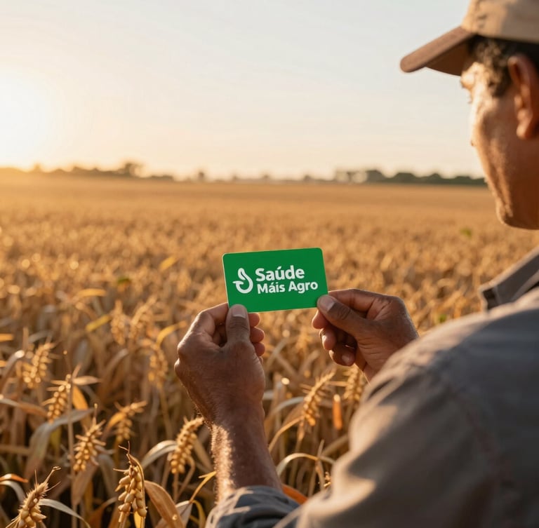 Wide environmental shot of a Brazilian soybean field at sunrise, with a farmer in the foreground holding a green Saúde Mais Agro card, warm natural lighting, high contrast.
