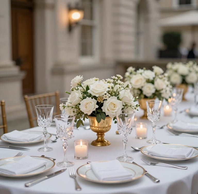 Elegant medium shot of a luxury table setting in a historic London venue, crystal glasses reflecting warm candlelight, fine china, exquisite white and gold floral centerpieces, soft focus.
