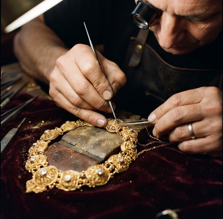 Extreme macro close-up of a master goldsmith's hands meticulously detailing a 22-karat gold necklace, warm directional studio lighting highlighting the gold luster, dark burgundy velvet background, luxury product photography, 35mm
