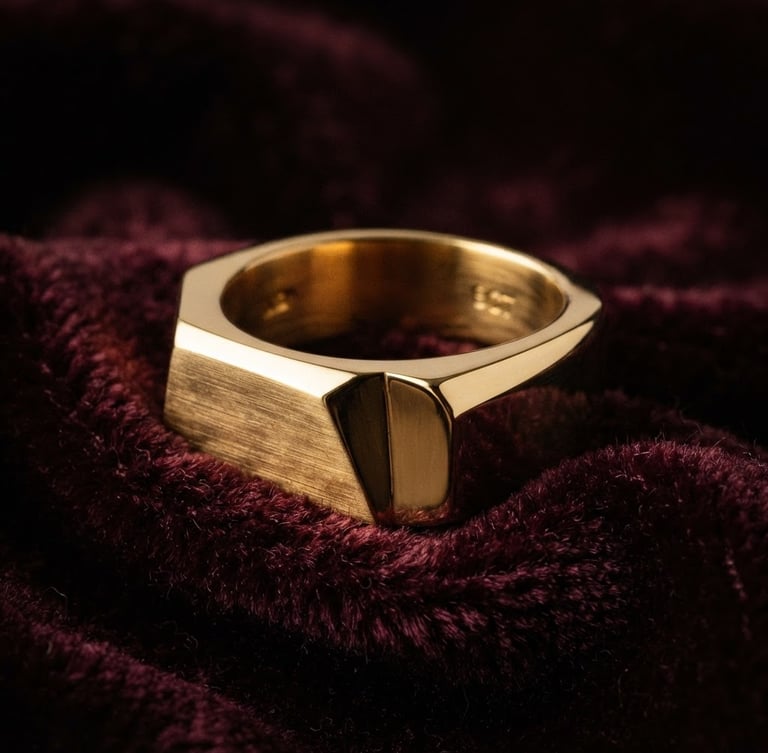 Macro studio shot of a thick 9-carat gold ring with clean geometric lines, resting on dark textured burgundy velvet, soft directional gold lighting, dramatic shadows.