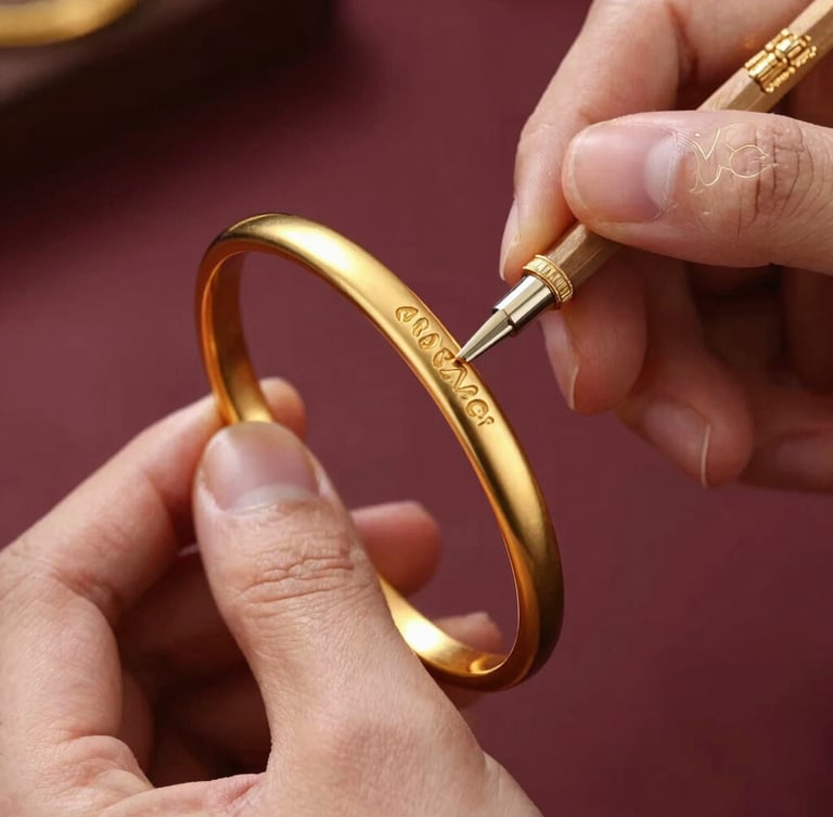 Extreme close-up of a master goldsmith's hands gently polishing a heavy gold bangle, warm directional spotlight catching the intricate metalwork and the tiny hallmark laser engraving, 35mm