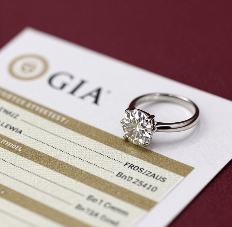 Macro close-up of a GIA grading certificate resting next to a sparkling diamond ring on a deep burgundy surface, soft directional lighting, luxury product photography
