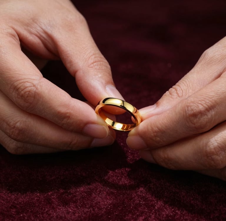 Macro close-up of a master jeweller's hands gently holding a highly polished 91.6 gold heirloom ring, soft directional studio light casting dramatic shadows on dark velvet.