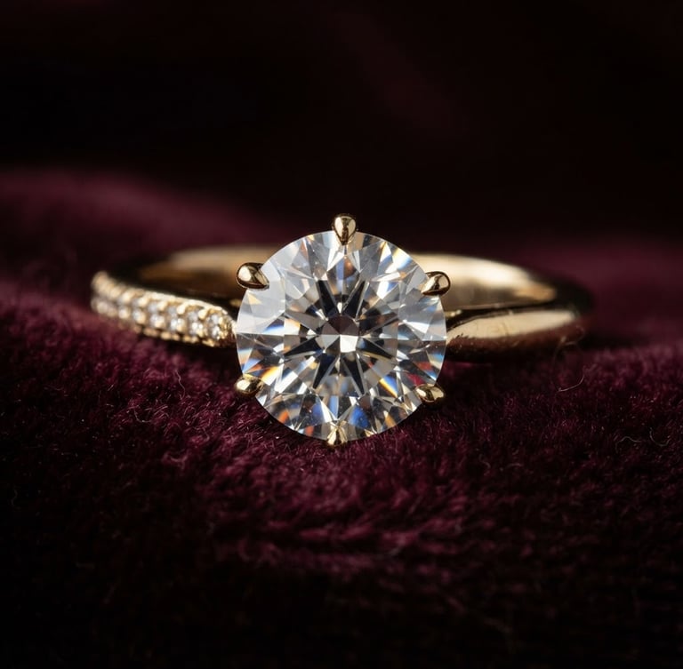 Macro close-up of a flawless round-cut diamond sparkling under directional studio light, set in a gold ring, resting on a dark burgundy velvet surface, premium luxury photography, 35mm