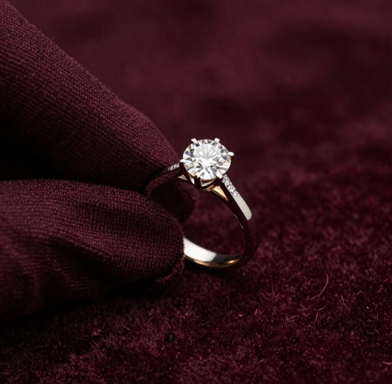 Extreme close-up macro shot of a certified diamond ring held gently by gloved hands under soft directional studio lighting, dark velvet background