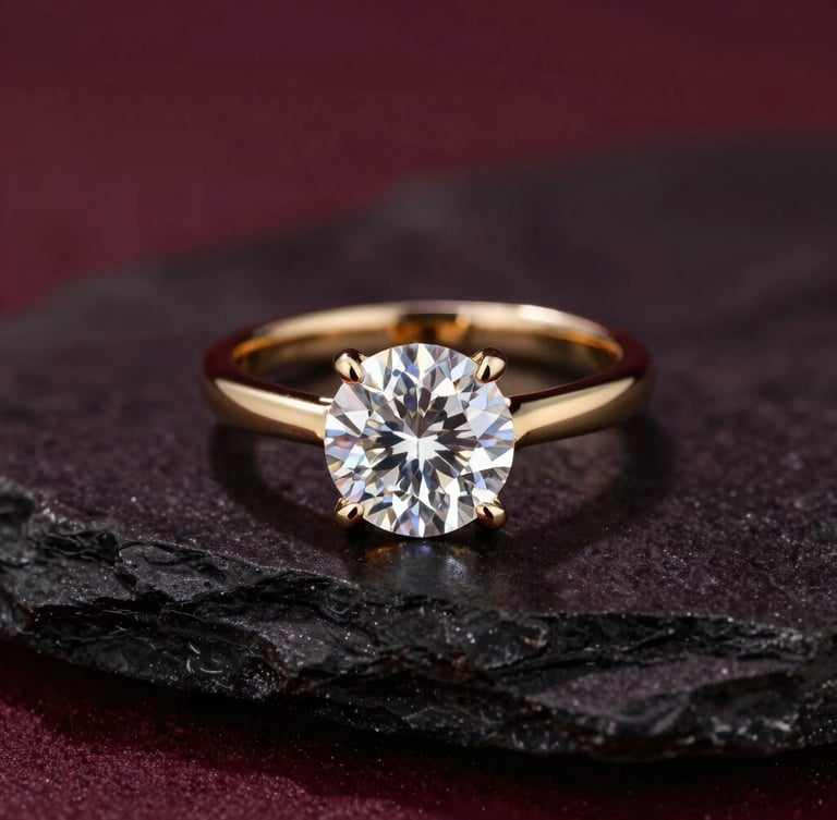 Macro studio photography of a certified flawless diamond ring resting on dark raw stone, dramatic directional lighting catching the diamond facets and gold band, deep burgundy shadows, 35mm