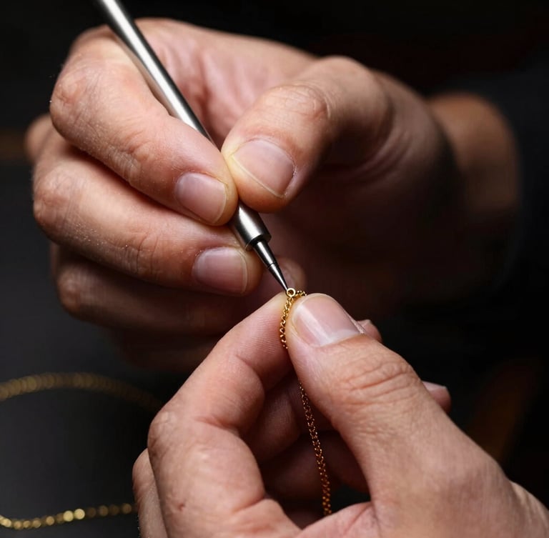 Close-up of a master jeweller's hands using a polishing tool on a delicate gold chain, warm studio light catching the metallic luster, dark background.
