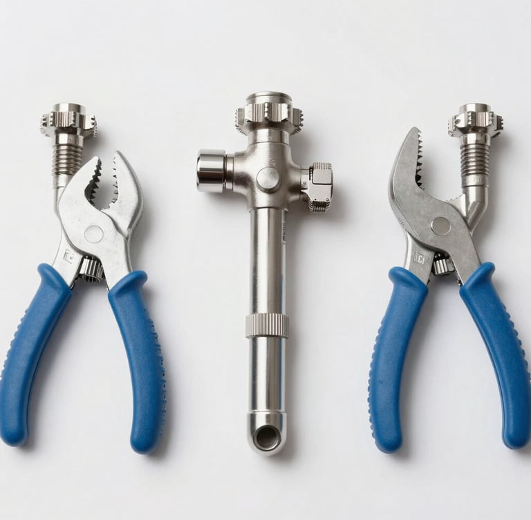 A bright, clean daylight photograph of professional plumbing tools arranged with absolute precision on a dry, pristine surface, crisp metallic and blue tones, sharp focus, 35mm