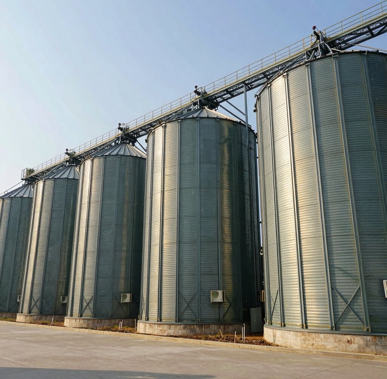 Wide-angle architectural shot of massive modern agricultural silos under bright daylight, clean industrial lines, steel structures reflecting golden sunlight.