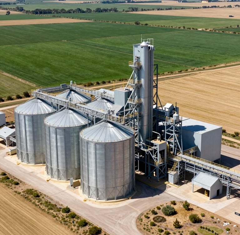 Wide-angle architectural shot of a massive modern soy processing plant and industrial silos in Bolivia, crisp bright daylight casting clean shadows, deep green fields in the background, high-detail editorial industrial photography.