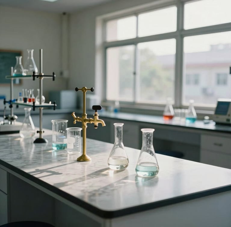 Environmental shot of a modern chemistry laboratory inside an Indian college, clean marble countertops, glass beakers, brass gas taps, natural light streaming through large windows.