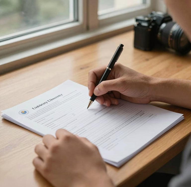 A close-up of a student's hands filling out official university registration documents on a wooden desk, warm natural light streaming through a library window