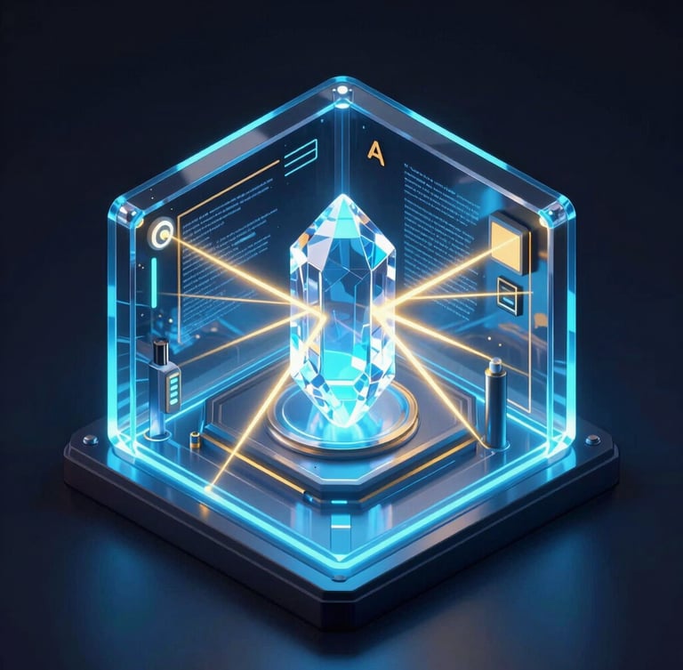 Isometric 3D render of a glowing digital gem vault, neon blue and gold laser beams scanning a central holographic crystal, dark ambient background, glassmorphism, octane render