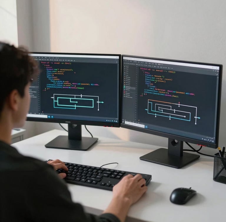 Over-the-shoulder view of a clean developer workspace, dual monitors displaying structured Python code and data pipelines, cool morning daylight, minimal aesthetic