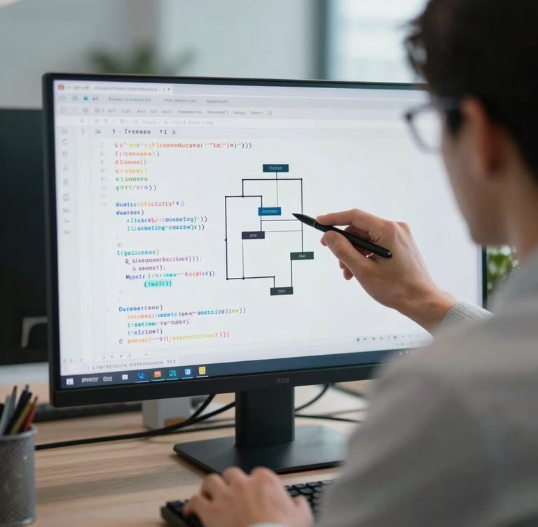 Over-the-shoulder perspective of a developer analyzing clean code blocks and pipeline architecture diagrams on a high-resolution screen, cool office daylight, crisp details.