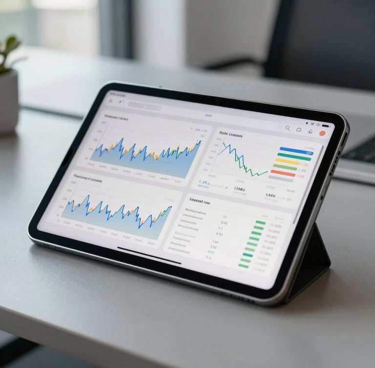 Crisp, bright close-up of a high-end tablet displaying clean financial charts and operational dashboards, placed on a slate gray desk in a modern Madrid office under cool natural daylight.