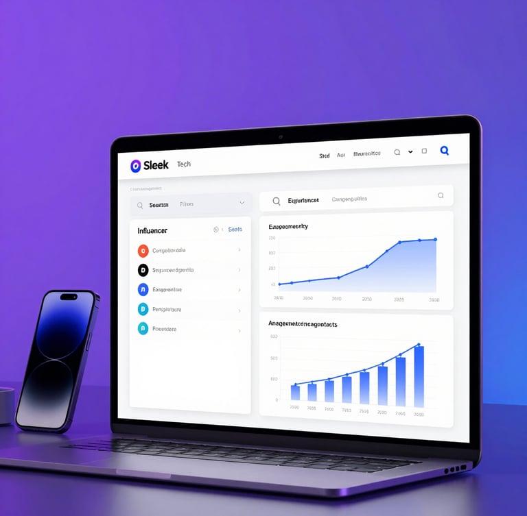 Sleek tech marketplace dashboard showing influencer search filters, campaign metrics, and engagement graphs, studio lighting with purple glow.
